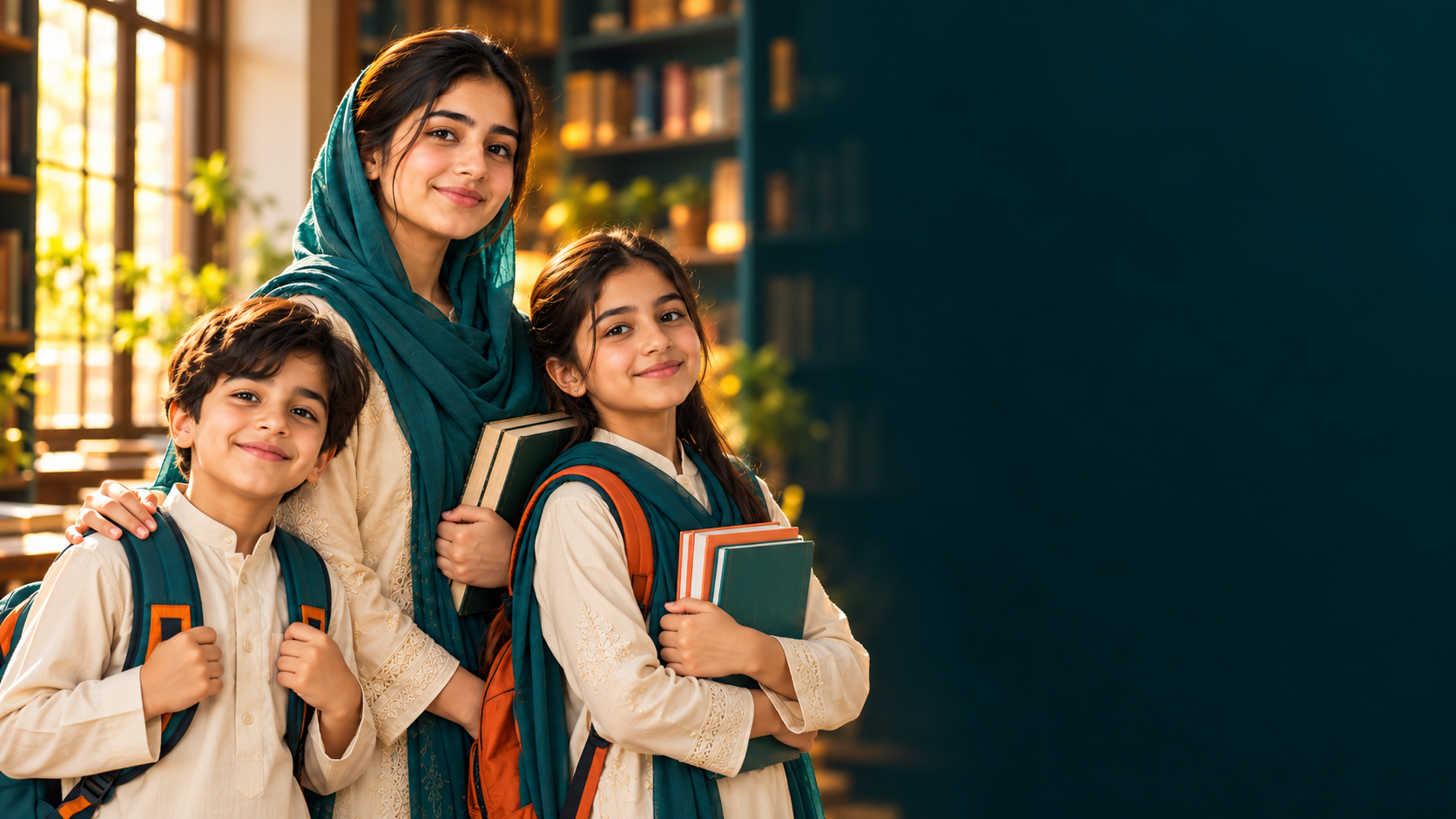 Education banner: two school children and an older student with books in a sunlit library